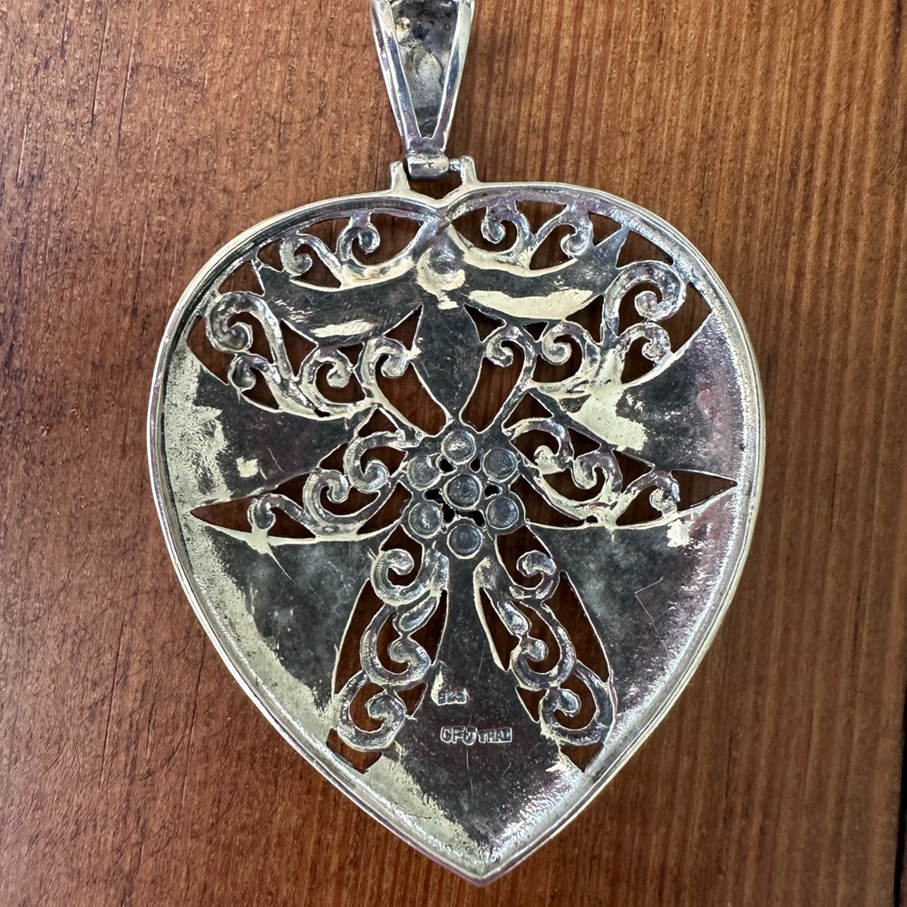 925 Sterling Silver Vintage Real Marcasite Gemstone Heart Ornate Pendant - Picture 6 of 7